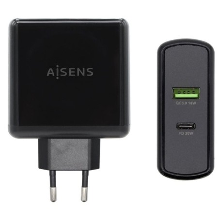 Cargador de pared aisens asch-2pd30qc-bk/ 1xusb tipo-c/ 1x usb/ 48w