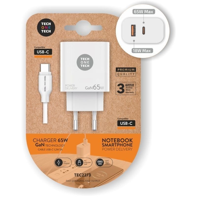 Cargador de pared tech one tech gan pd tec2273 / 1xusb tipo-c/ 1x usb/ 65w Cargador de pared tech one tech gan pd tec2273 / 1xusb tipo-c/ 1x usb/ 65w