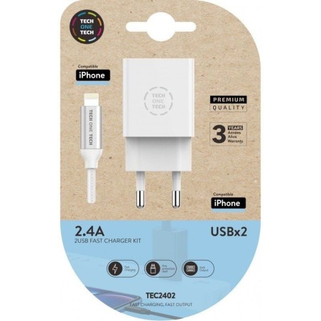 ph2Cargador doble blanco Cable braided Nylon Lightning para Apple alto rendimiento 24A h2KIT compuesto por cargador rapido dobl