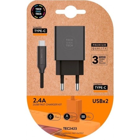 ph2Cargador doble negro Cable braided Nylon USB C alto rendimiento 24A h2KIT compuesto por cargador rapido doble con entrada de