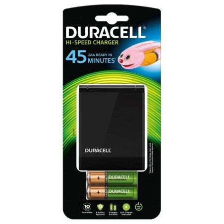 este es el cargador de pilas Duracell que permite cargar 2 pilas AA o 2 AAA en aproximadamente 45 minutos El producto incluye 2