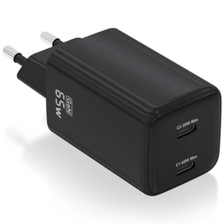 ph2AISENS CARGADOR GaN 65W 2xUSB C PD30 QC40 NEGRO h2pCargador GaN USB C 65W para cargar portatiles moviles camaras y tablets e