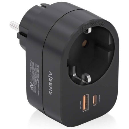 h2AISENS REGLETA DE PARED MULTIFUNCION CON 1 TOMA 1xUSB C 20W PD30 1xUSB A 20W QC30 NEGRO h2divRegleta de pared multifuncion co
