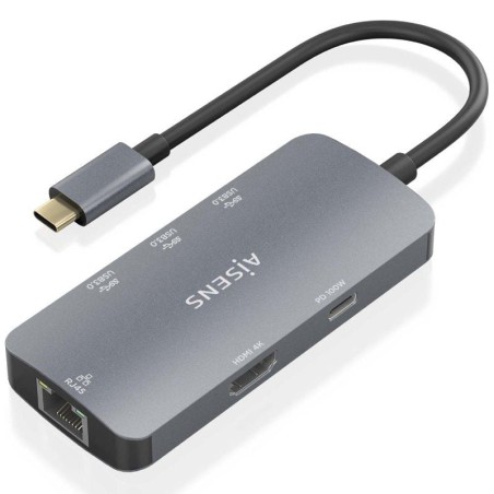 h2AISENS USB C DOCK 6 EN 1 USB C A 1xHDMI 1xRJ45 3xUSB A 1xUSB C PD GRIS 15CM h2pConversor USB C a 1xHDMI 1xRJ45 3xUSB A 1xUSB 
