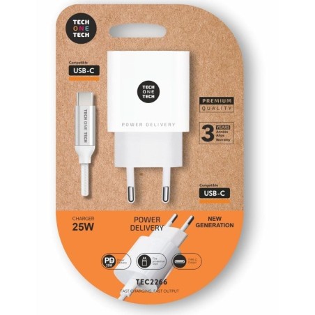 h2Cargador de Pared Tech One Tech TEC2266 h2pCargador ultrarrapido Power Delivery 30 PD 25W color blanco Carga hasta un 400 mas