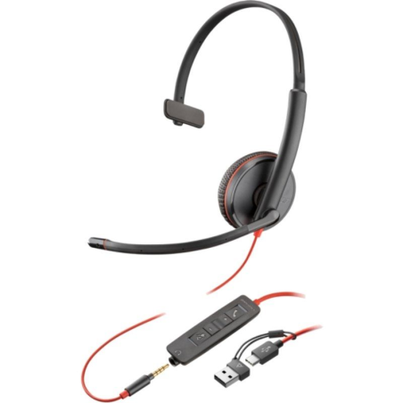 ph2Auriculares monoaurales Poly Blackwire 3215 conector de 35 mm adaptador USB C A a granel h2divpLos auriculares UC serie Blac